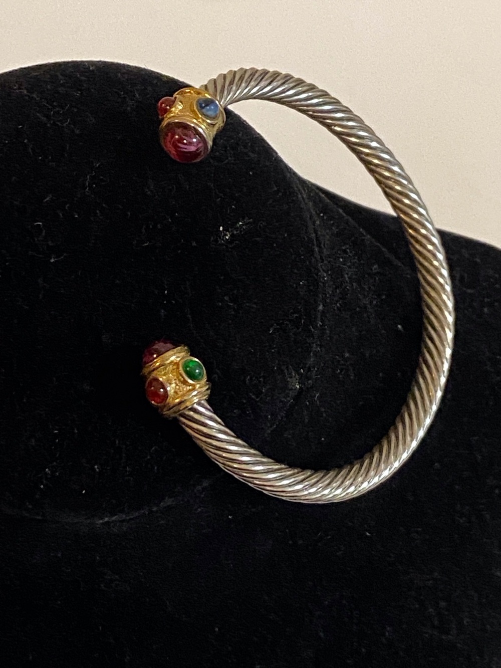 Twisted Silver and Gold Tone Open Cuff Bracelet with Multicolor Cabochons